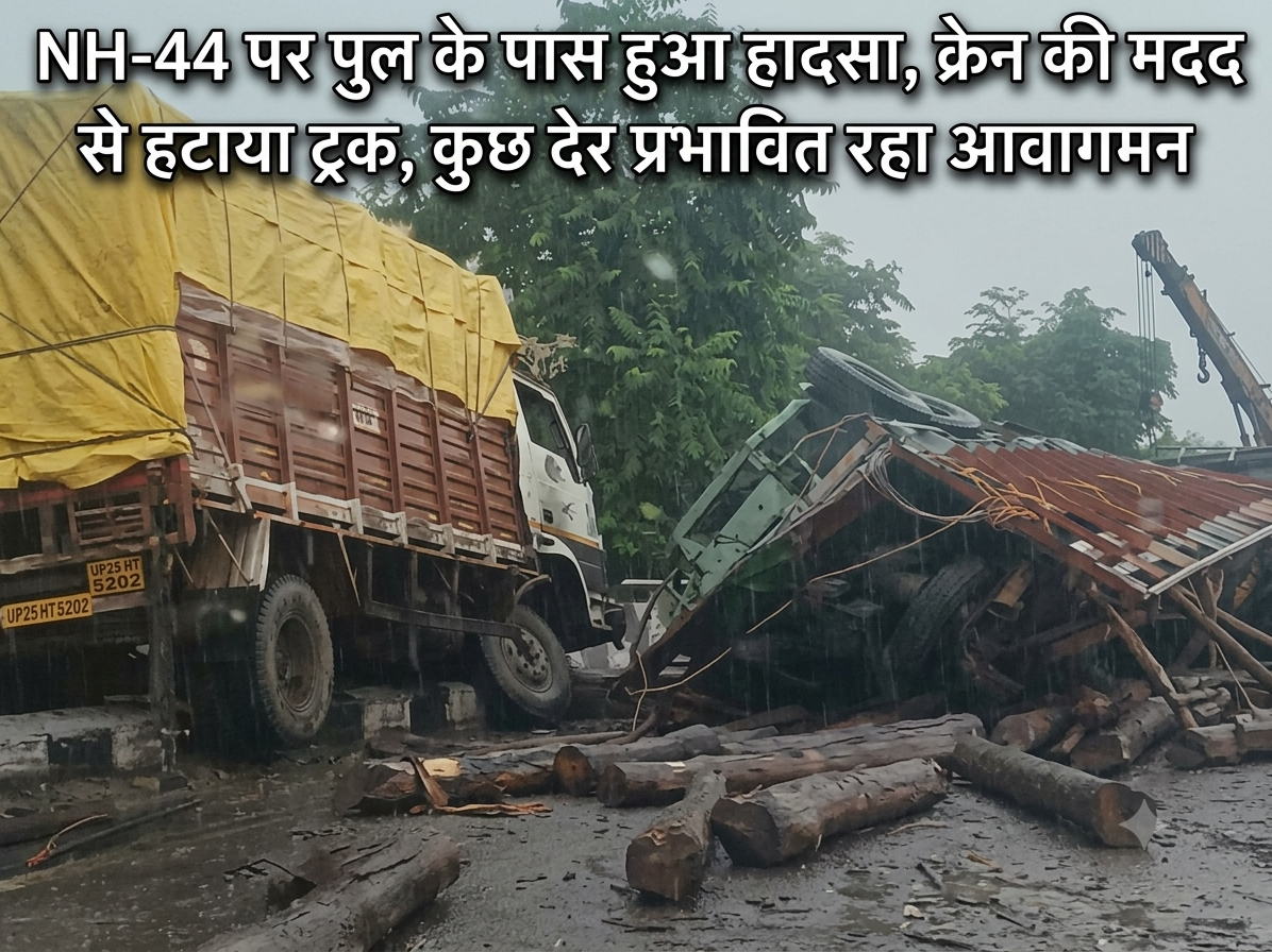 एनएच-44 पर अनियंत्रित होकर पलटा लकड़ी से भरा ट्रक, बाल-बाल बची जान, क्रेन की मदद से हटाया गया वाहन