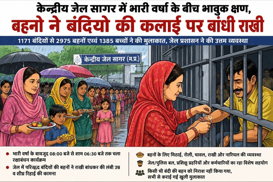 केन्द्रीय जेल सागर में भारी वर्षा के बीच भावुक क्षण, बहनो ने बंदियो की कलाई पर बांधी राखी